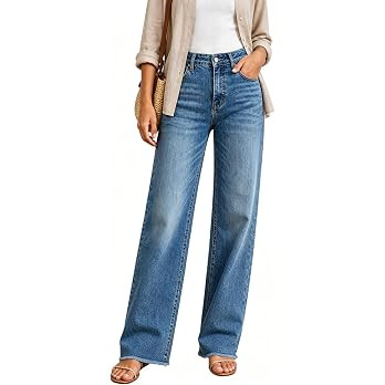 Womens High Waisted Jeans Stretchy Straight Leg Loose Fit Tummy Control Raw Hem Denim Pants Trend... | Amazon (US)