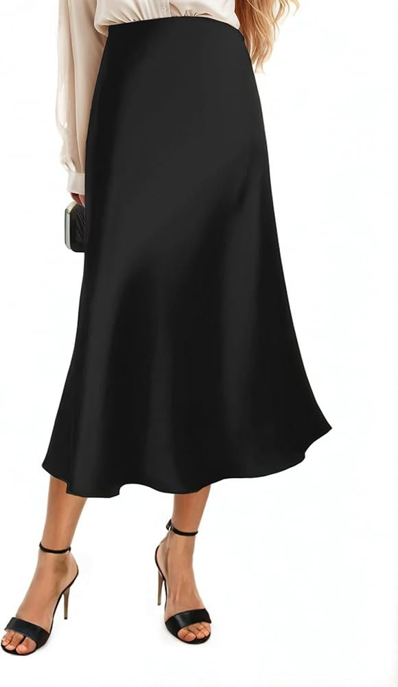 Womens Satin Silk Midi Skirt High Waist A-Line Casual Elastic Waist Long Skirts for Women | Amazon (US)