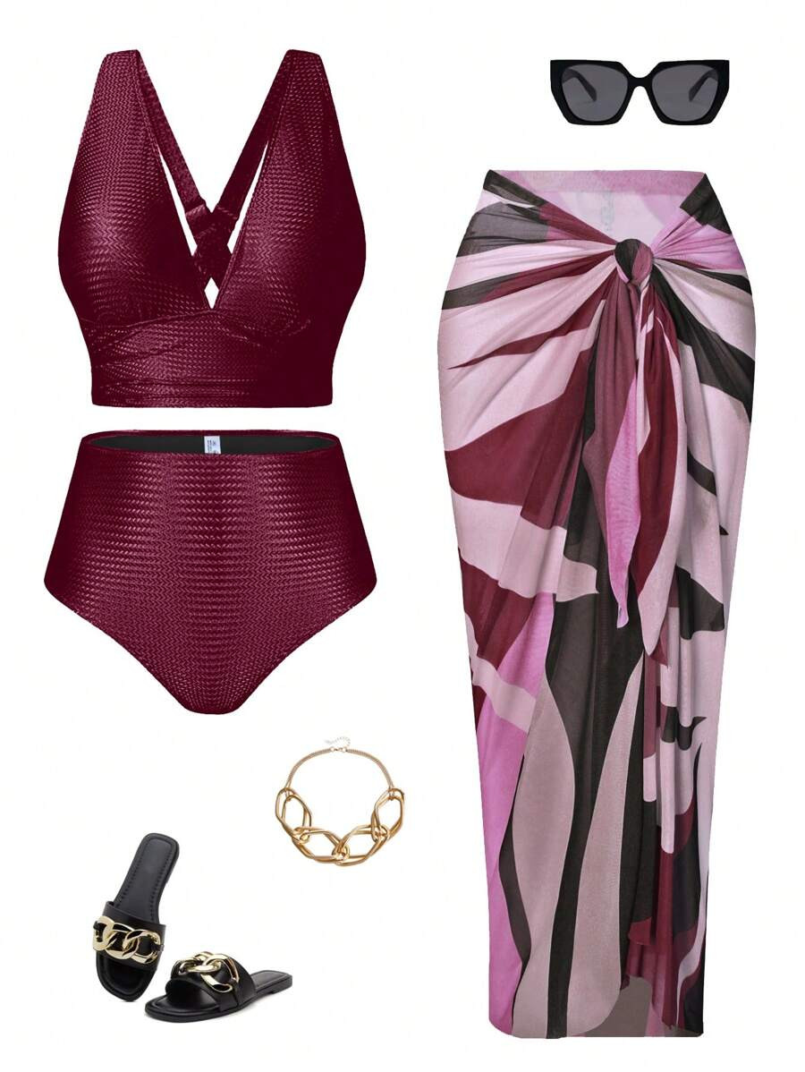 Swim Oasis Plus Size Solid Color Bikini Set With Bra, Swim Trunks & Tie Skirt For Beach Holiday, ... | SHEIN