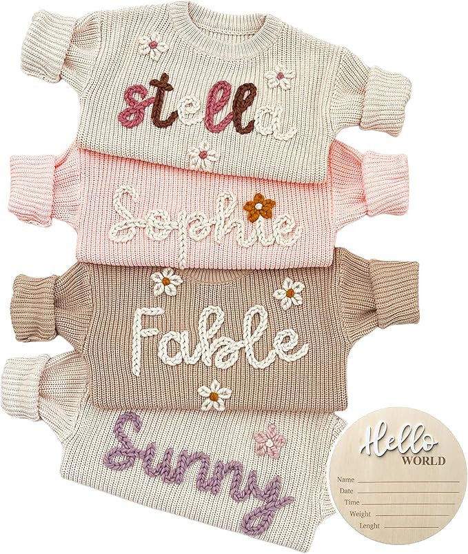 NAZENTI Personalized Baby Sweater, Customized Baby Knit Sweater with Hand-Embroidered Name and Mo... | Amazon (US)