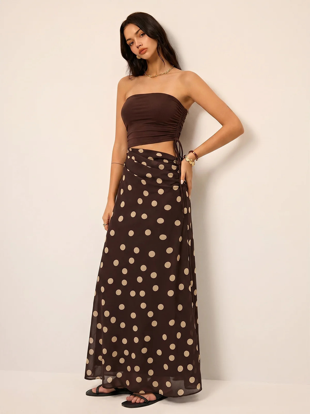 Polka Dot Cutout Waist Bandeau Maxi Dress | Commense
