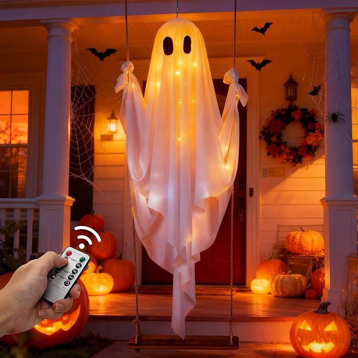 Halloween Decorations Outdoor Large Hanging Swing Ghost with String Lights Remote Control Hallowe... | Amazon (US)