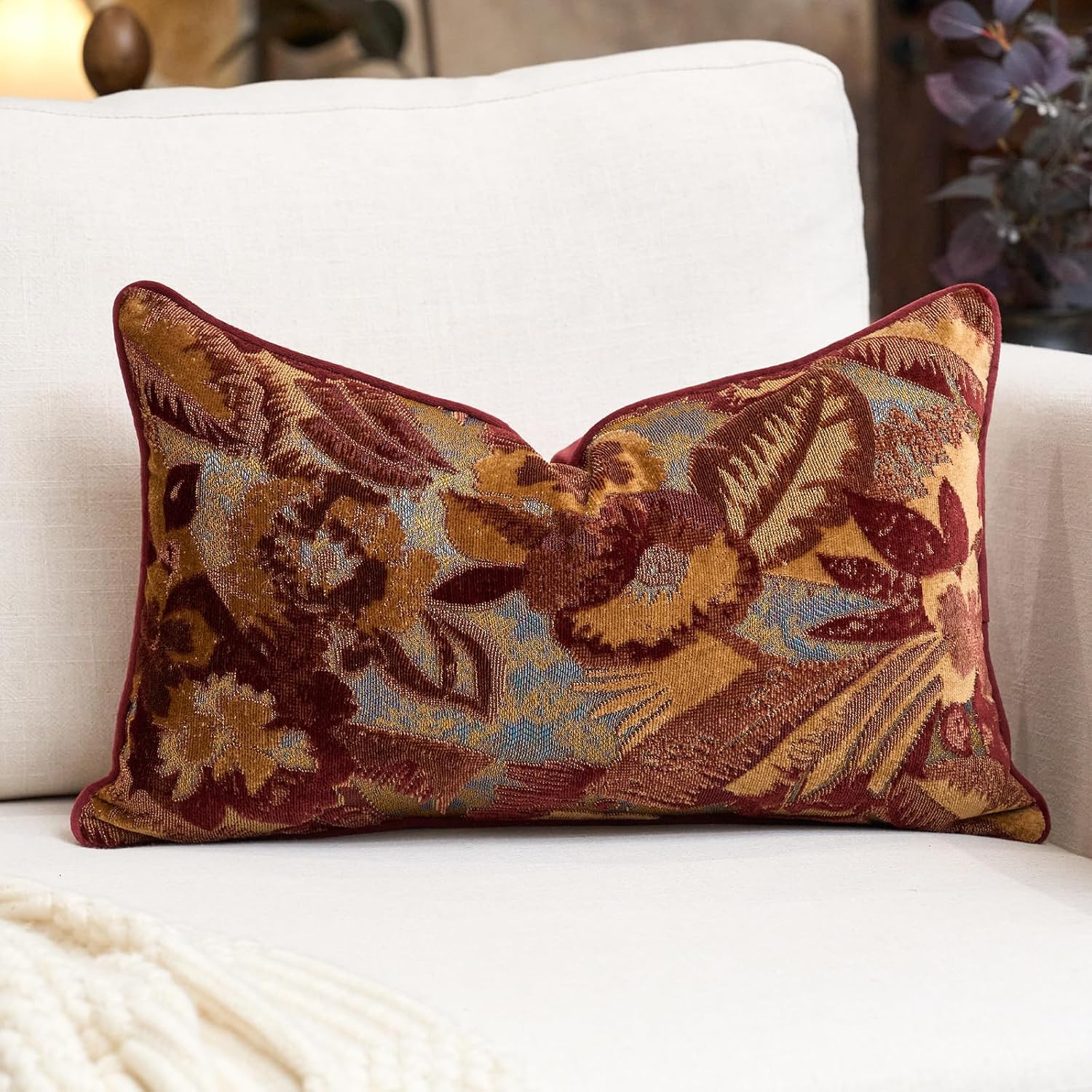 Alerfa Red Neutral Floral Pillow Cover 12 x 20 Inch, Vintage Cut Velvet Rectangle Couch Throw Pillow Cover Soft Decorative Farmhouse Accent Pillowcase for Living Room Bedroom | Amazon (US)