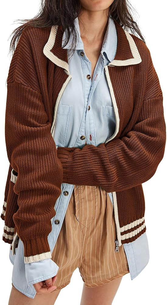 CHARTOU Casual Knit Zip Up Sweater for Women 2025 Fall Outfits Contrast Trim Open Front Cardigan ... | Amazon (US)