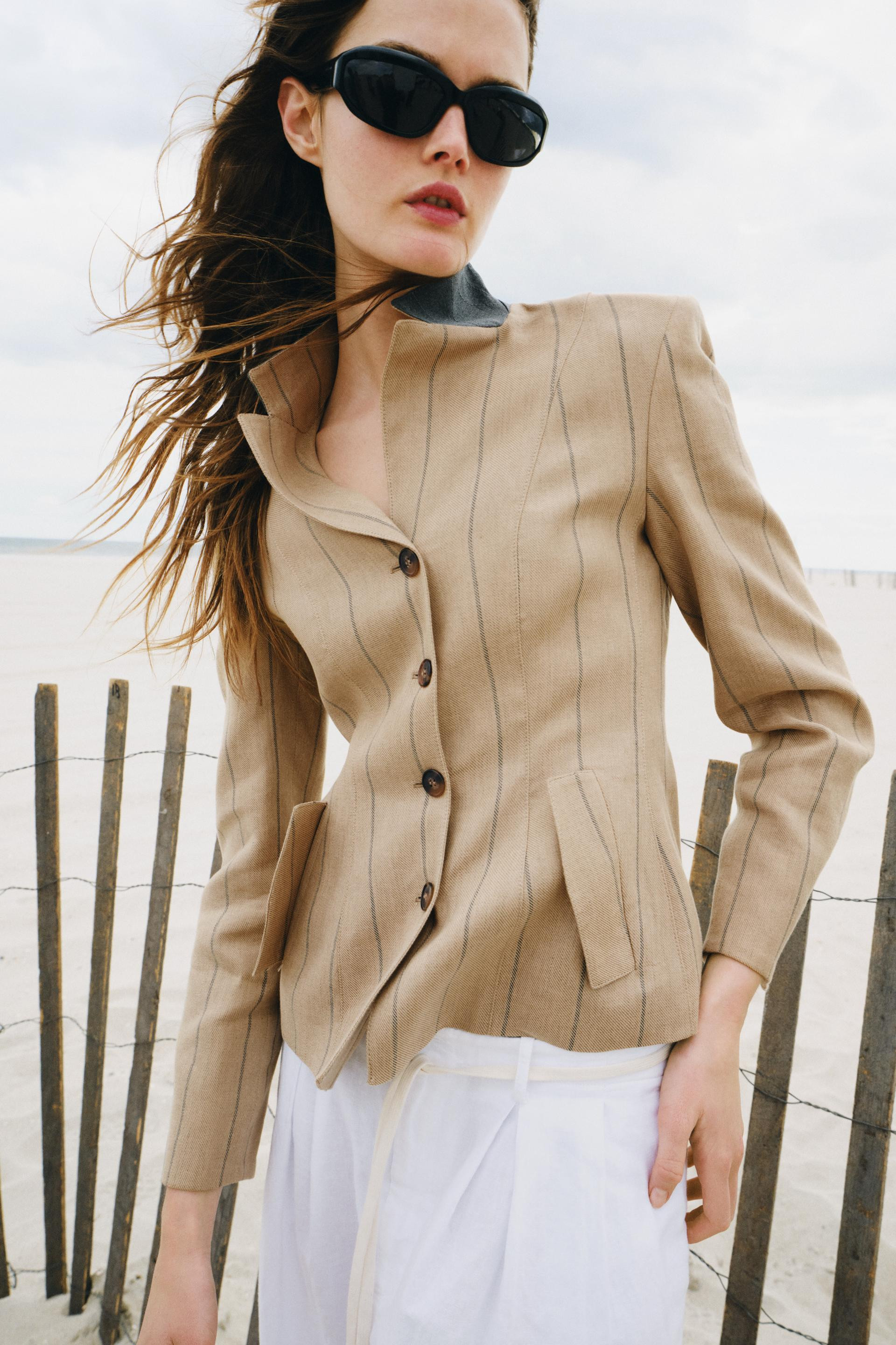 Zara - Zw Collection Striped Linen Blend Blazer - Mid-Camel - L - Woman | Zara US