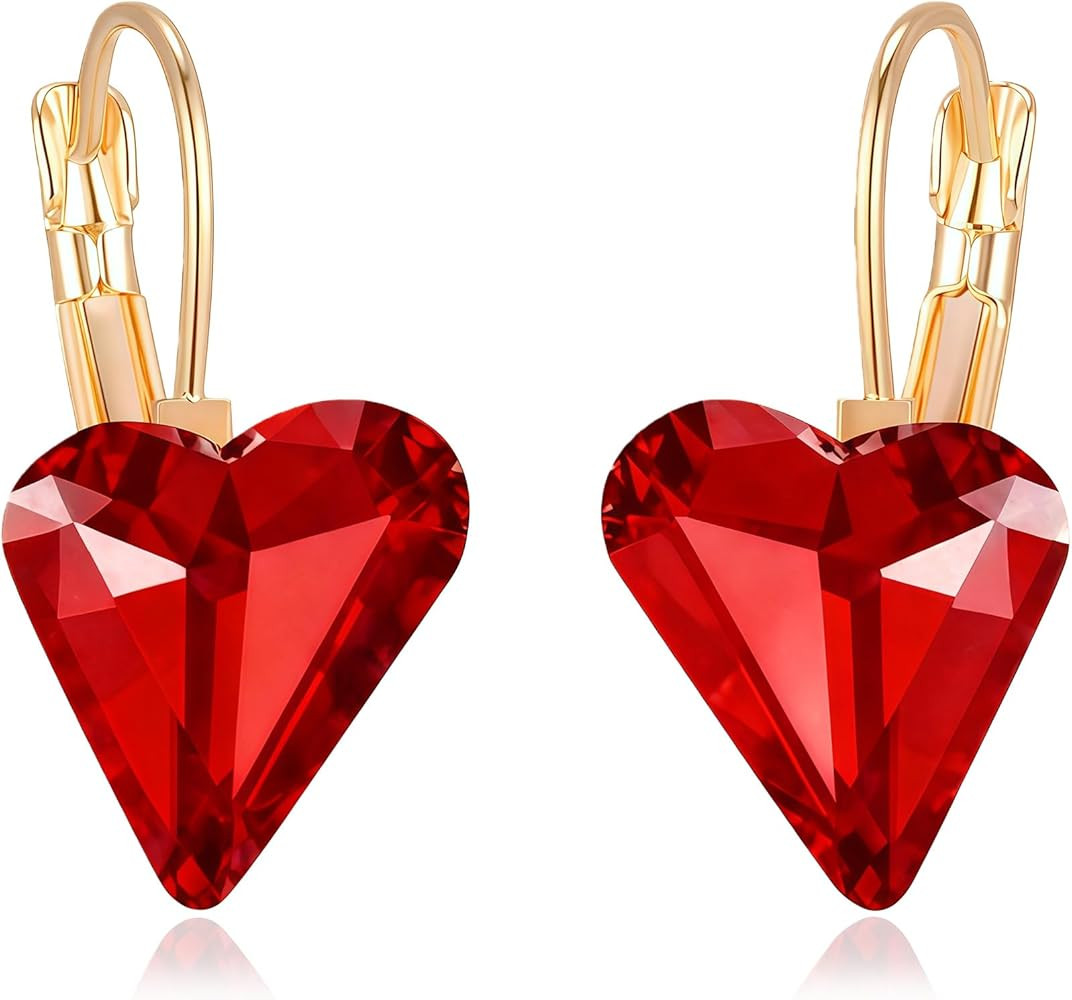 Trendy Austrian Crystal Heart Drop Leverback Earrings for Women 14K Rose Gold Plated Hypoallergen... | Amazon (US)