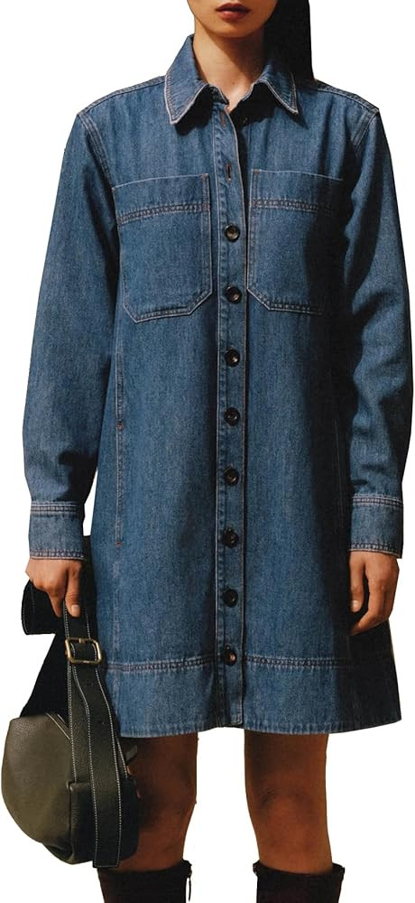 SCOFEEL Women's Long Sleeve Denim Shirt Mini Dress V Neck Button Down Tunic Jean Dress Casual Fal... | Amazon (US)