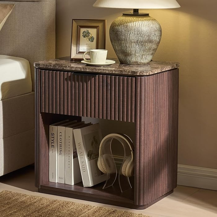 Fluted Nightstand with Drawer, Bedside Table with Faux Marble-Top, Engineered Wood Side Table wit... | Amazon (US)