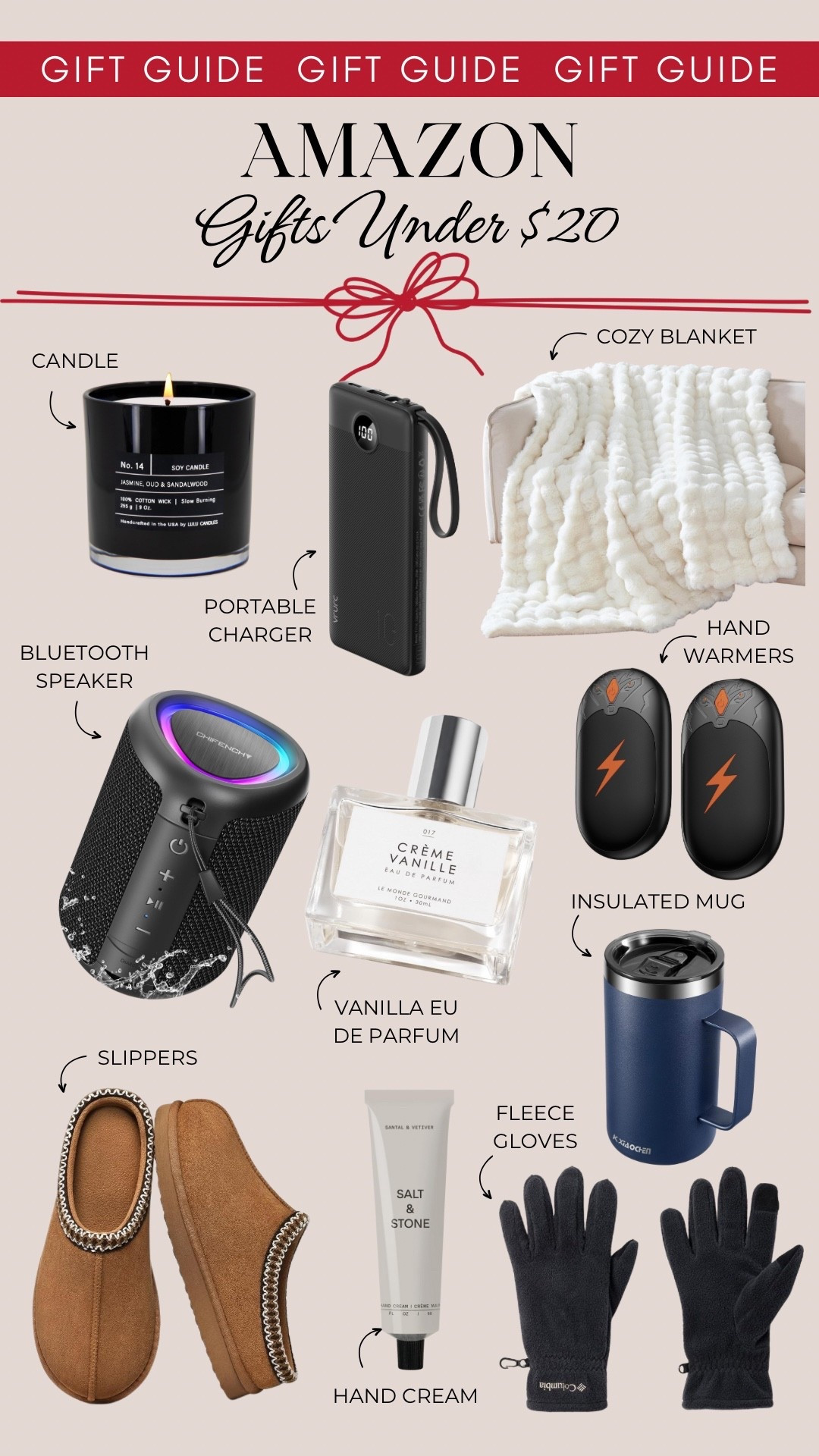 Gift ideas from Amazon under $20 include a candle, portable charger, cozy blanket, a Bluetooth speaker, vanilla eu de parfum, hand warmers, slippers, Salt and Stone hand cream, an insulated mug, and fleece gloves.

Gifts for him, gifts for her, gifts under $25, gift guide

#LTKHoliday #LTKGiftGuide