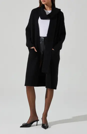 ASTR the Label Noemi Scarf Longline Cardigan in Black at Nordstrom Rack, Size Medium | Nordstrom Rack