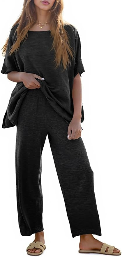 Tankaneo Women's 2 Piece Travel Outfits Casual Short Sleeve Knit Sweater Set Wide Leg Pants Loung... | Amazon (US)