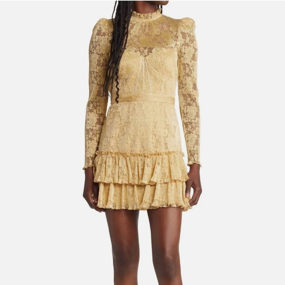 Saylor Adria Gold Ruffled Lace Mini Dress L | Poshmark