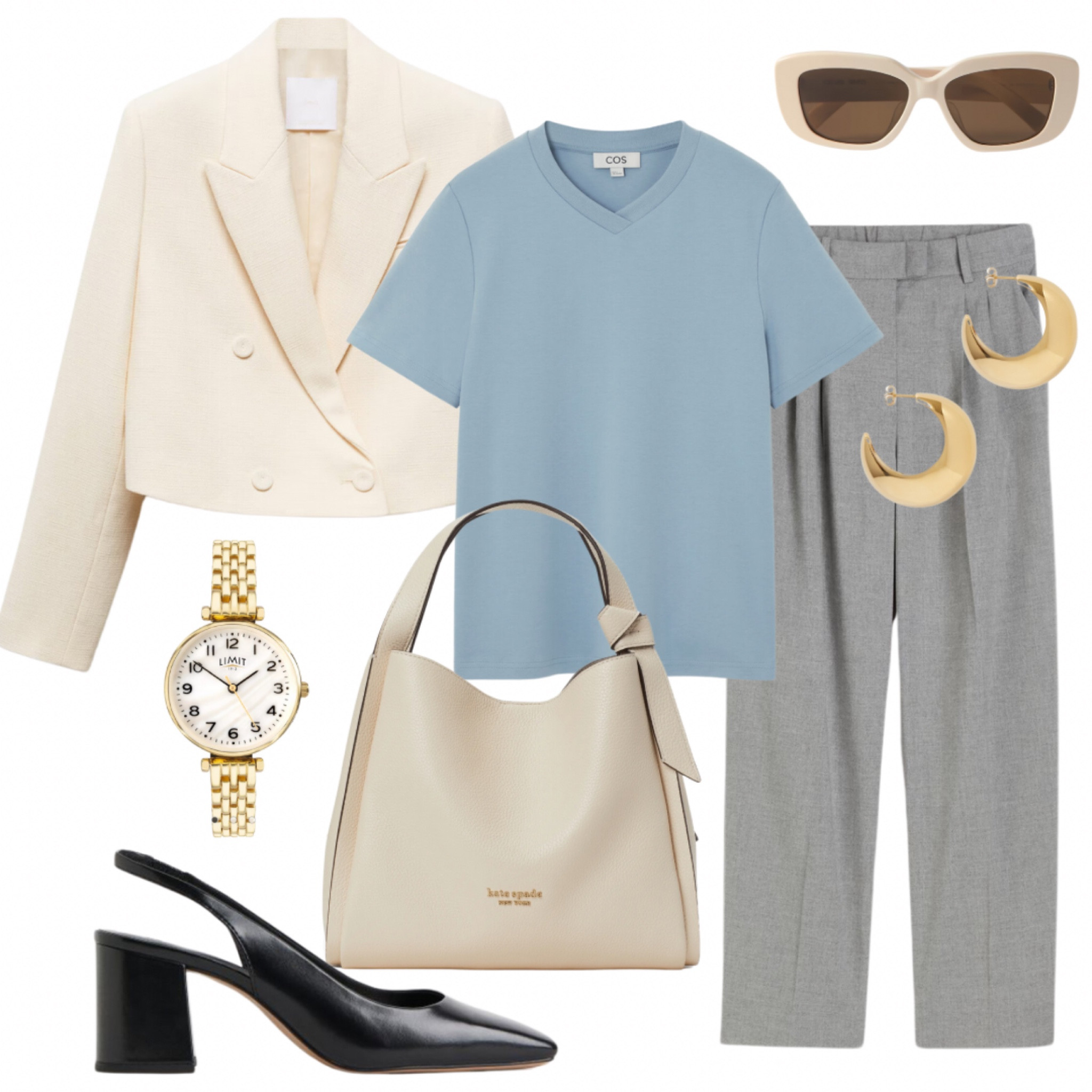 Cropped blazer, blue t-shirt, black slingbacks, grey trousers, grey pants

#LTKSeasonal #LTKstyletip #LTKmidsize