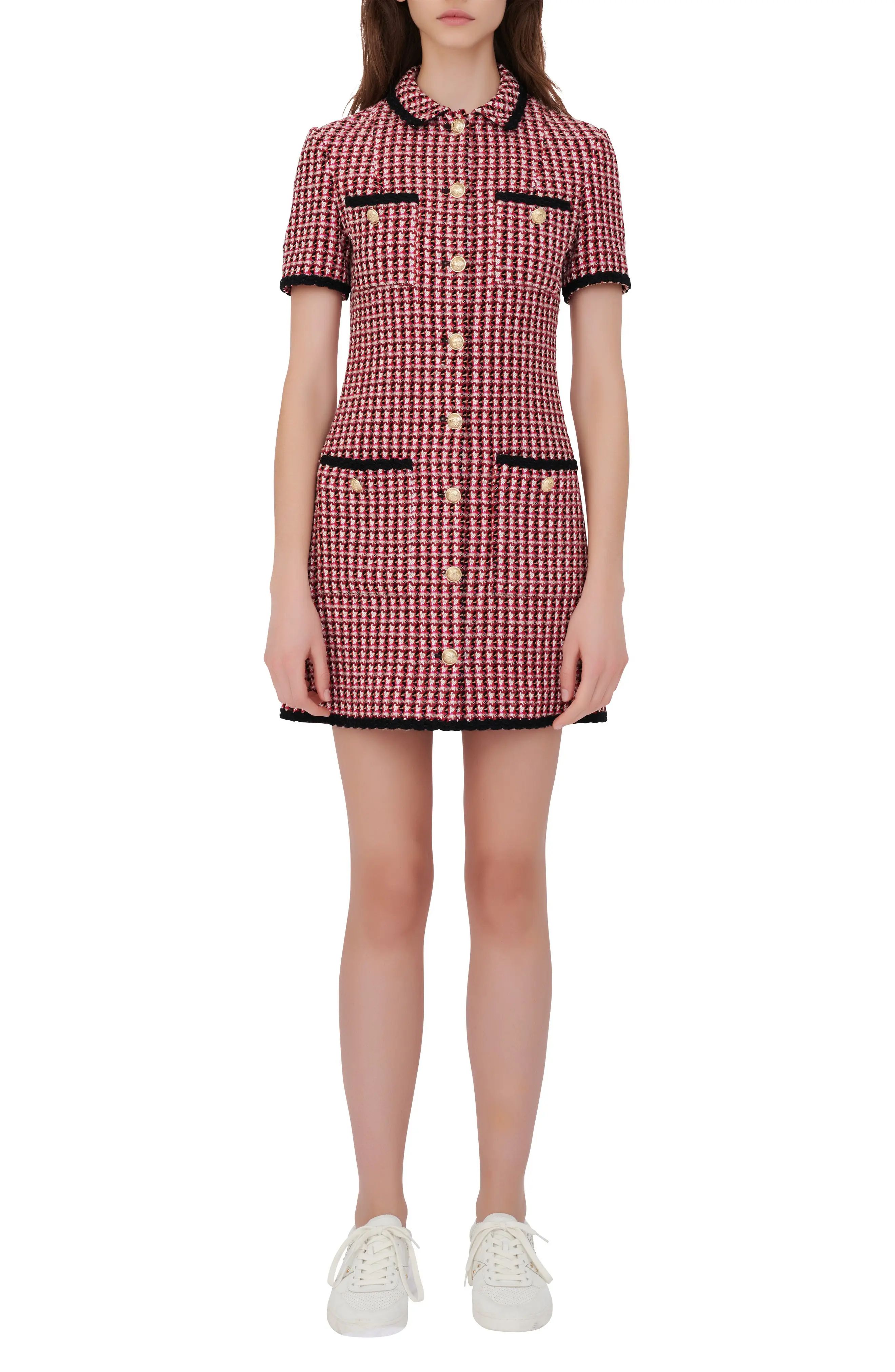 maje Tweed Front Button Minidress, Size 42 in Fuchsia at Nordstrom | Nordstrom