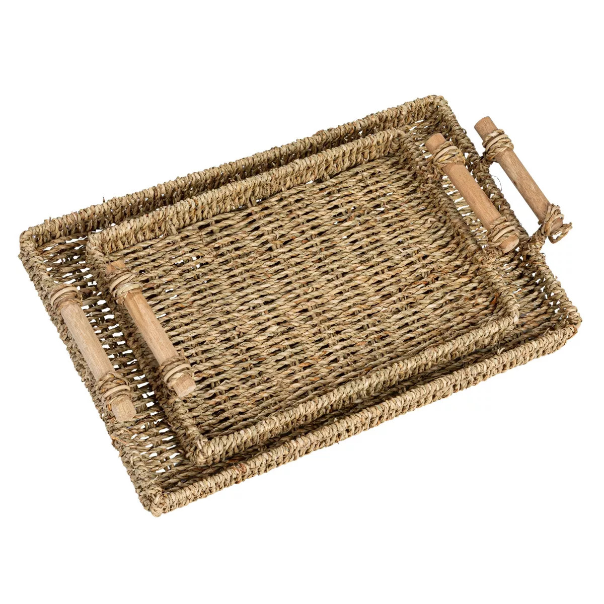 Household Essentials Handwoven Seagrass Rectangular Tray Set with Wood Handles Natural Set of 2 | Target