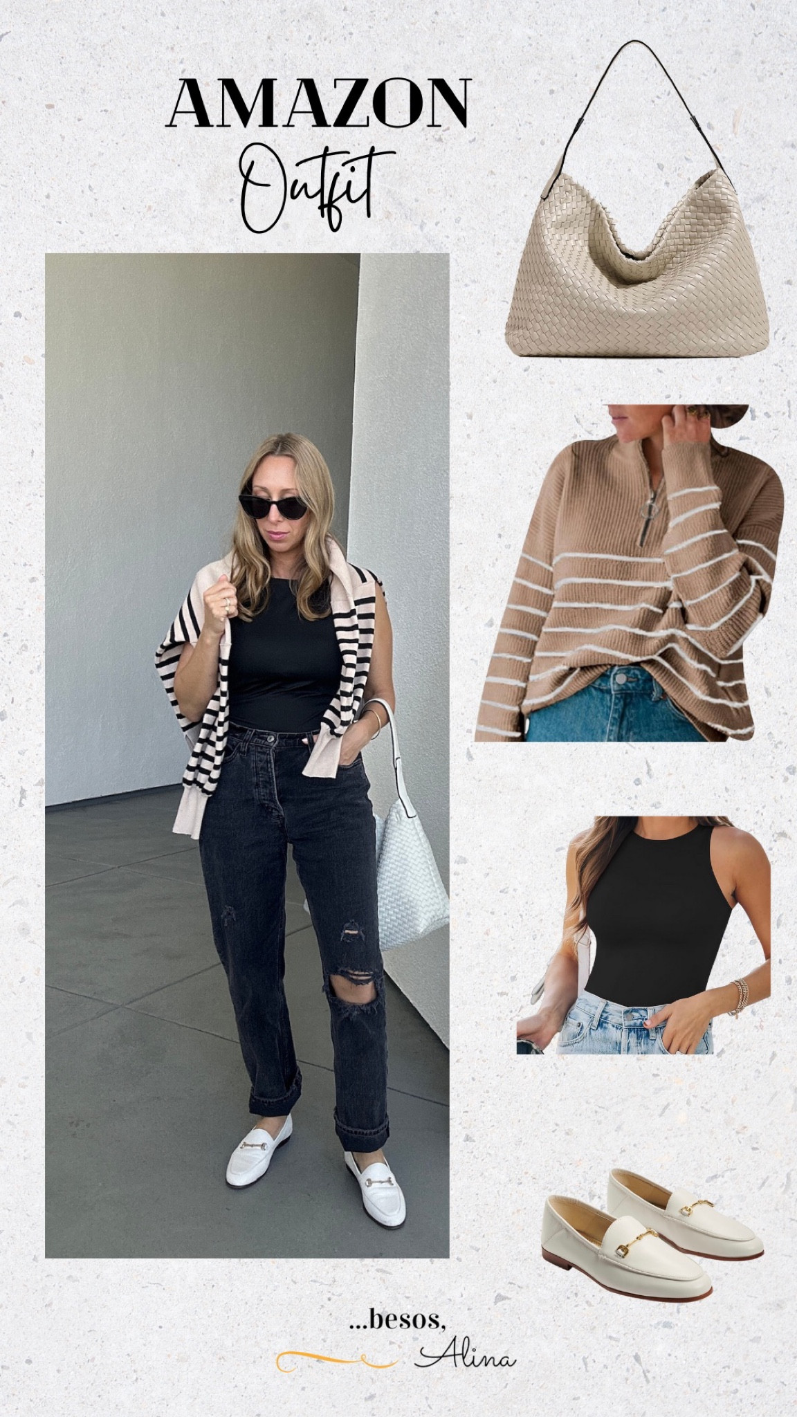 My favorite fall outfit striped sweater bodysuit jeans and white cream loafer and woven bag