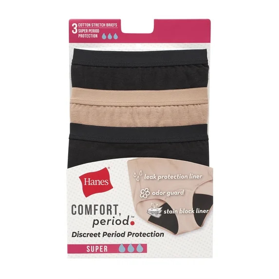 Hanes Womens Period Underwear 3-Pack, Comfort, Period Super Leak Protection Period Panties for Wo... | Walmart (US)