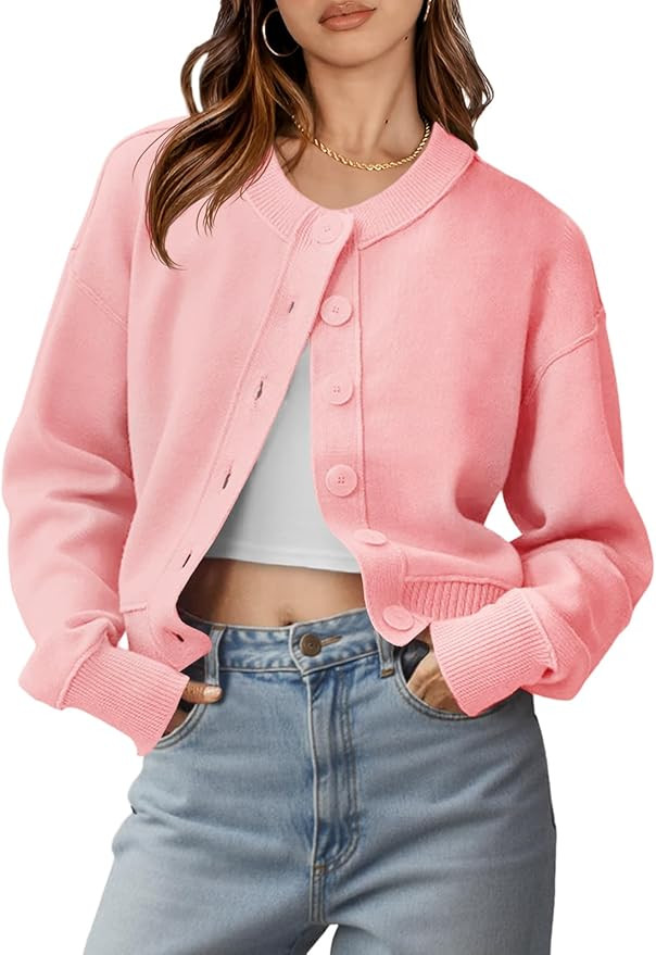 Saodimallsu Womens Button Up Cardigans Fall Trendy Crew Neck Long Sleeve Knit Cropped Sweater Jac... | Amazon (US)