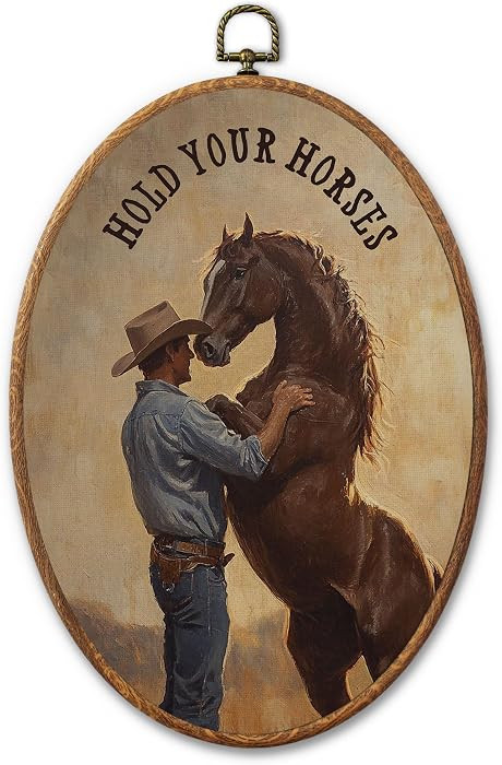 AYQJCBGC Vintage Western Oval Framed Wall Art, Hold Your Horses Quote Cowboy Oil Painting Rustic ... | Amazon (US)