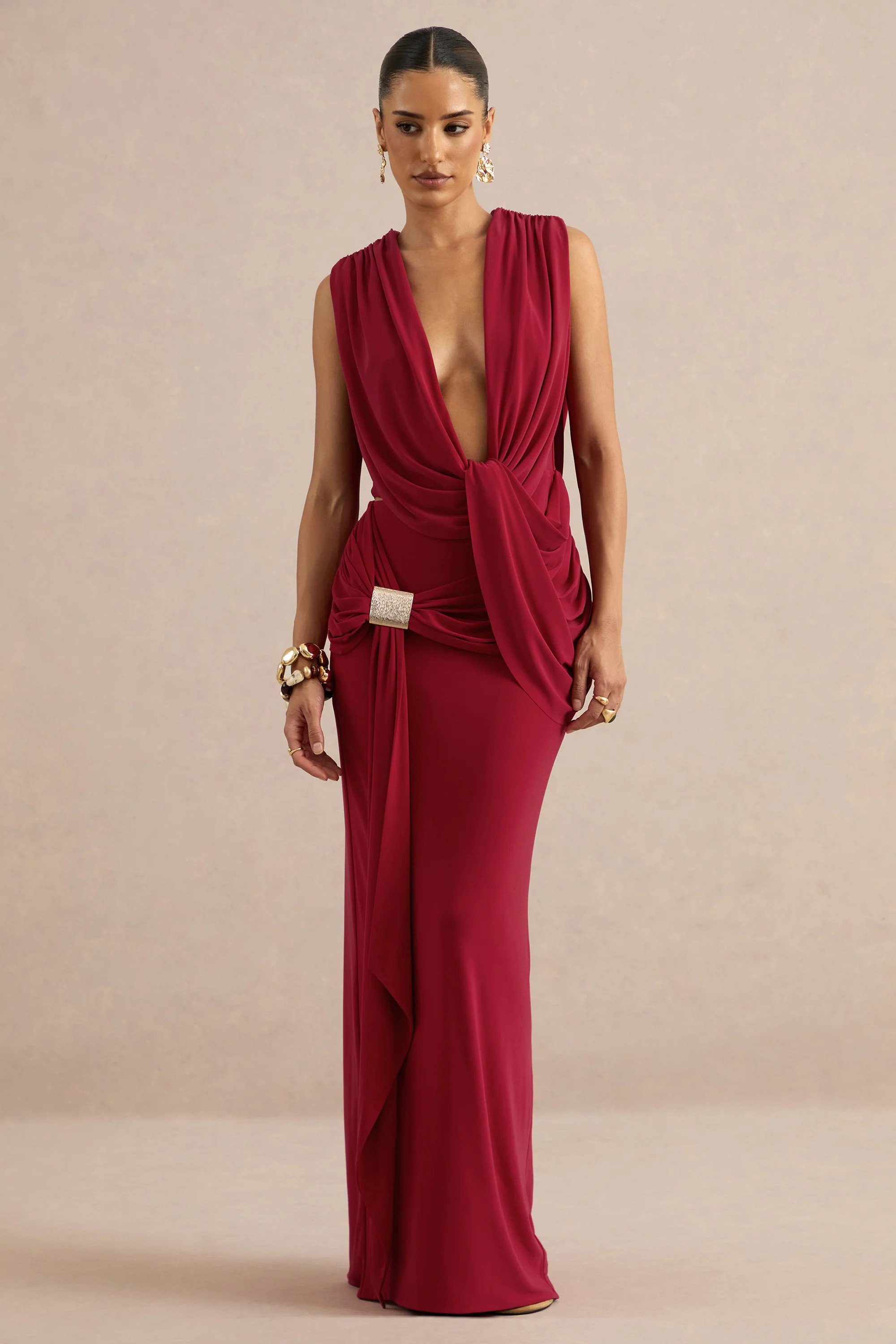 Lilias | Red Extreme Plunge-Neck Top | Club L London