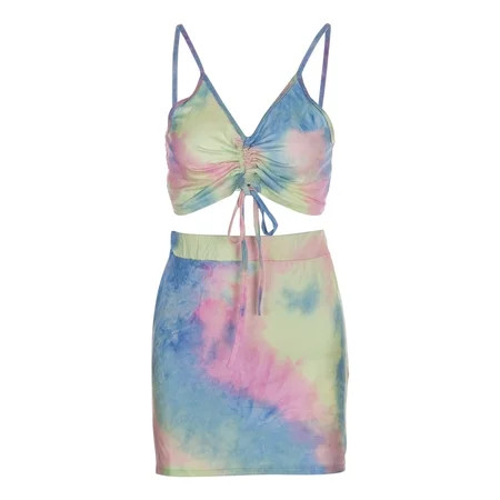 Carolilly Women Summer Clothes Tie Die Print Crop Cami Top + Bodycon Skirt Set / Spaghetti Strap Min | Walmart (US)