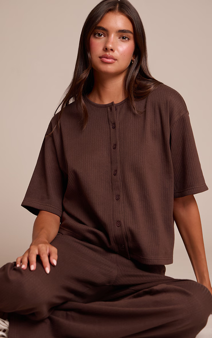 Chocolate Brown Rib Button Up Top | PrettyLittleThing US