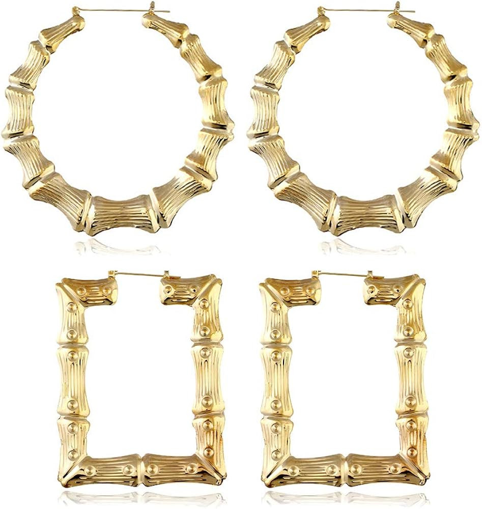 2 Pairs Large Bamboo Hoop Earrings Set Gold Plated Exaggerated Big Statement Hip-Hop Geometric Ea... | Amazon (US)