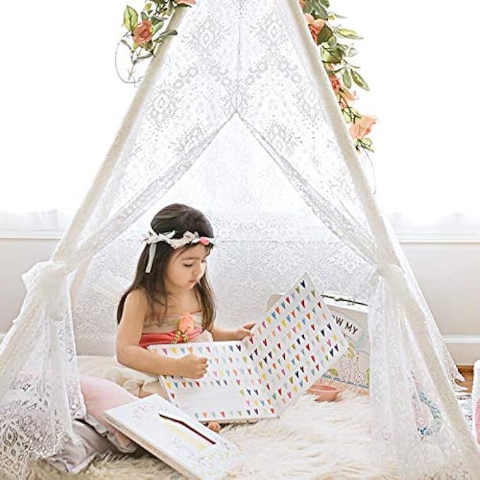 Kids Teepee Tent for Girls, Sheer Lace Indoor and Outdoor Canopy and Creative Play Space | White Roo | Amazon (US)