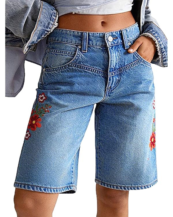 Mid Rise Straight Leg Denim Bermuda Shorts Wash Floral Embroidery V Yoke Casual Stretchy Capris J... | Amazon (US)
