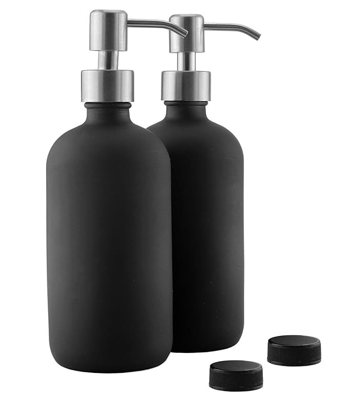 16oz Black Glass Bottles w/Stainless Steel Pumps (2-Pack); Black Coated Boston Round; Lotion, Han... | Amazon (US)