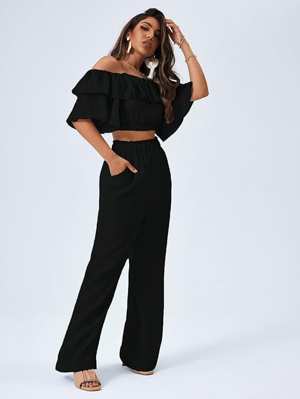 Romwe Women's 2 Piece Outfit Off The Shoulder Crop Top Wide Leg Pants Set | Amazon (US)