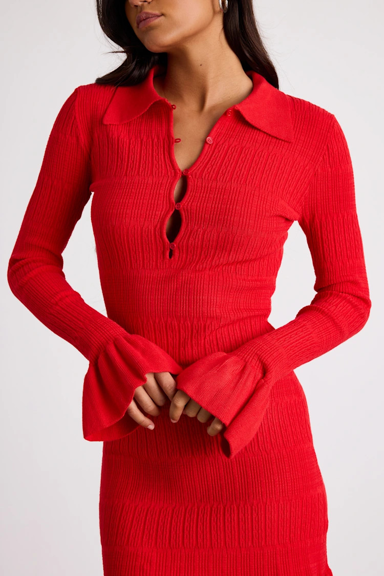 Coralee Red Textured Collared Ruffled Sweater Mini Dress | Lulus
