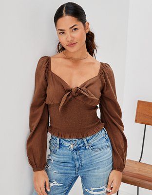 AE Long-Sleeve Smocked Tie-Front Blouse | American Eagle Outfitters (US & CA)