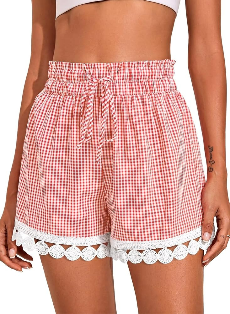 Dokotoo Womens Shorts Summer Casual Loose Elastic Waist Drawstring Lace Boho Beach Cover Up Short... | Amazon (US)