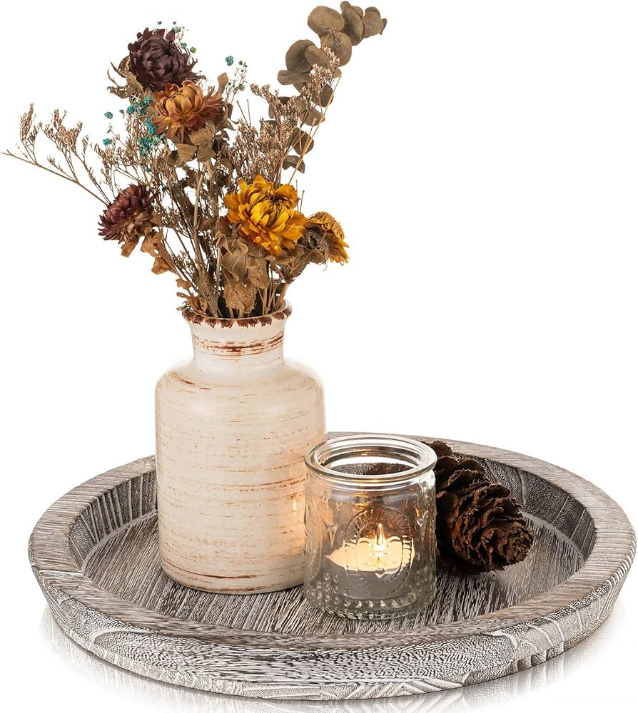 Wooden Decorative Tray Candle Holder: Romadedi Round Wood Tray Home Decor, Whitewash Rustic Trays... | Amazon (US)