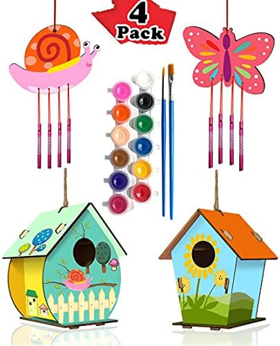 4 Pack DIY Bird House Wind Chime Kits for Children to Build and Paint, Wooden Arts and Crafts for Ki | Amazon (US)