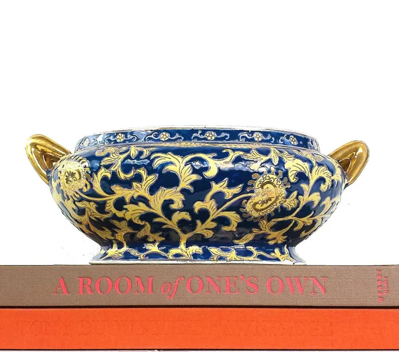 Vintage Blue & Gold Jardiniere, Asian Planter, Grand Millennial, Chinoiserie, 12" | Etsy (Global)