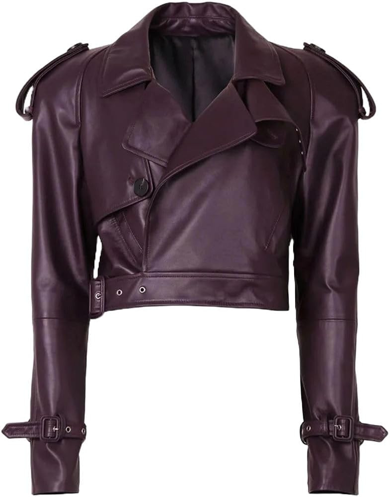 Genuine Sheepskin Leather Wide Shoulder Oversized Cropped Street Wear Plum Color Jacket for Women | Amazon (US)
