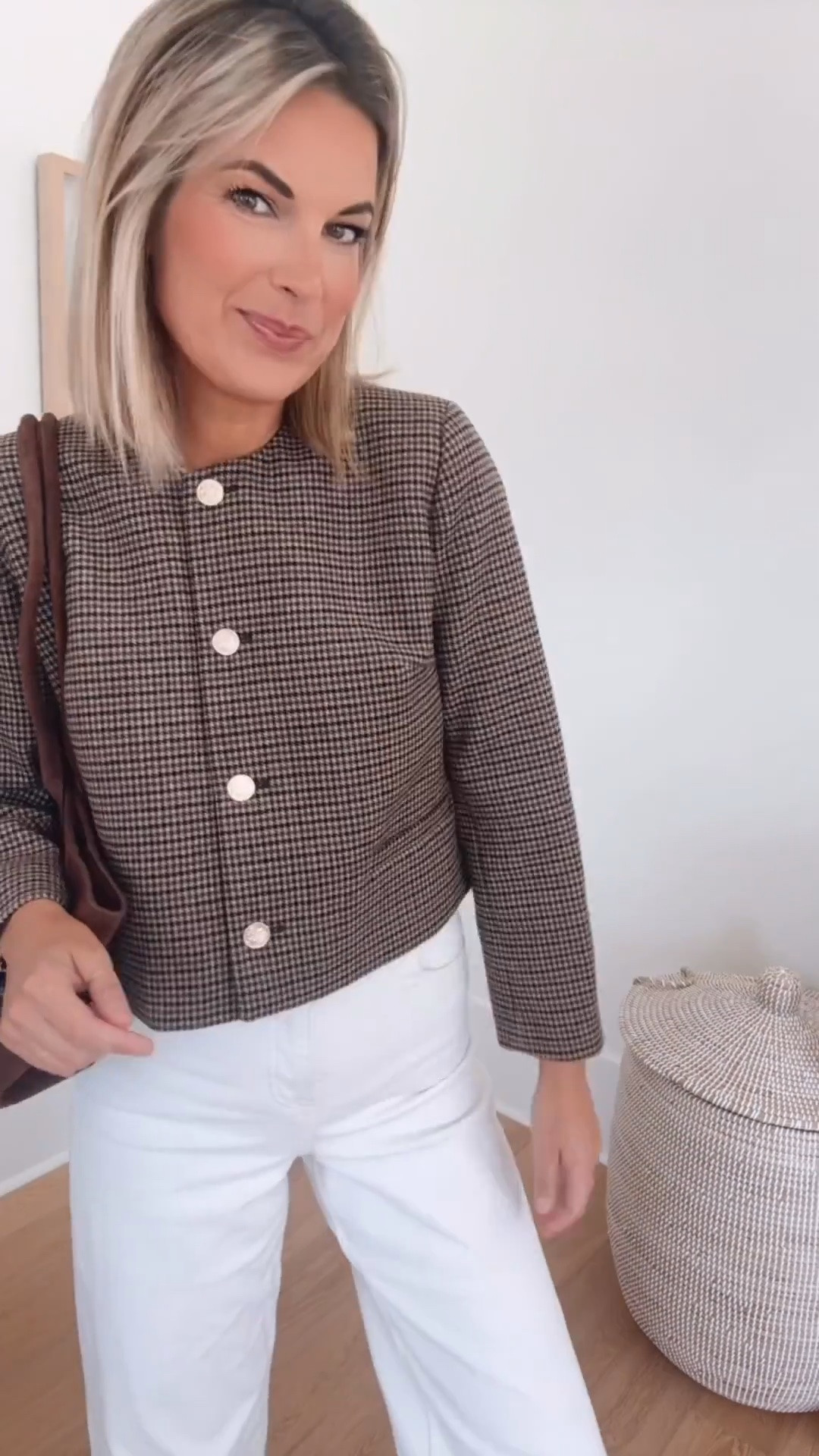 Fall business casual outfit. Wearing small in the jacket and small tall in the off white jeans.  Use my new customer discount code RACHELXSPANX for 15% off and free shipping on the jeans. Heels true to size.  Workwear.