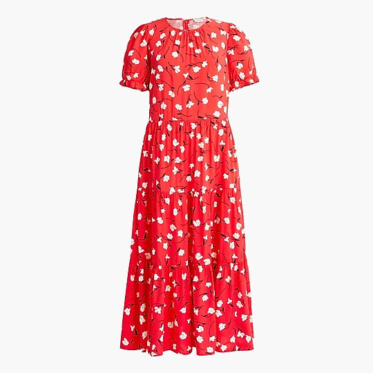 Floral puff-sleeve tiered midi dress | J.Crew Factory