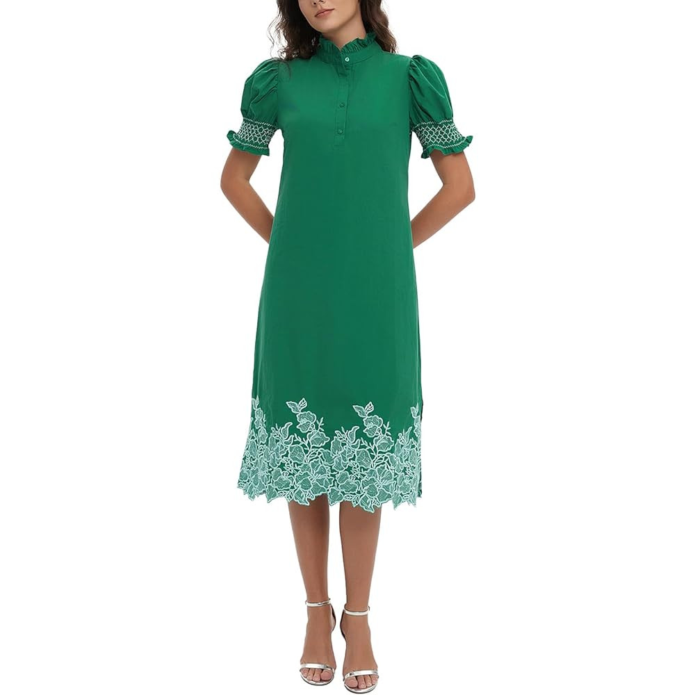 Womens Casual Shirt Dress Button Down Short Sleeve Midi Dress Flower Embroidery Slit Spring Summe... | Amazon (US)