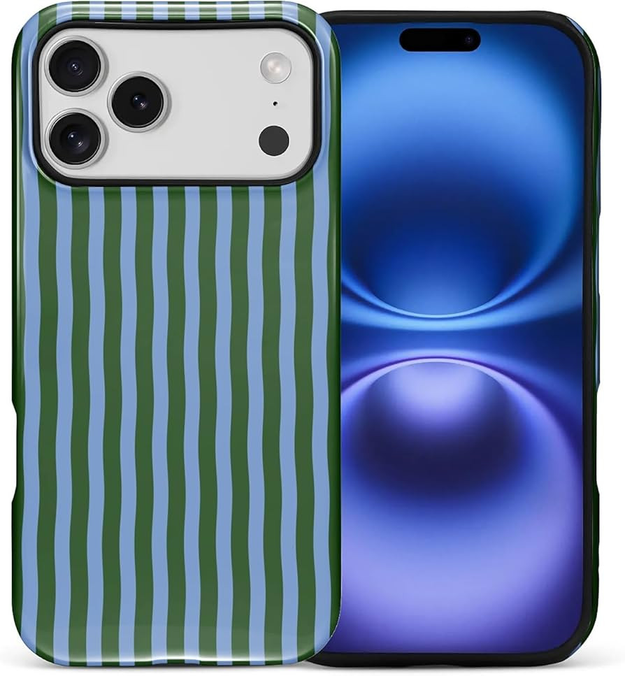 for iPhone 17 Pro Case, Green and Blue Stripe Hybrid 2 Layer Hard Shell Silicone Protective Patte... | Amazon (US)