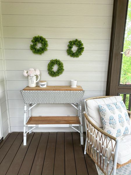 Love our back porch space! This is where we spend a lot of mornings and evenings during the summer! Back porch decor // home decor // porch furniture // Walmart finds // Target finds // LTKhome

#LTKhome #LTKSeasonal