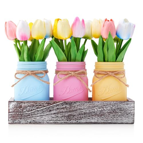 KIVIVO Mason Jar Spring Easter Table Decor, Centerpieces for Tables with Tulips Artificial Flowers, Farmhouse Wood Tray, 22 Pcs Spring Table Centerpiece, Spring Decorations for Home, Kitchen, Office | Amazon (US)