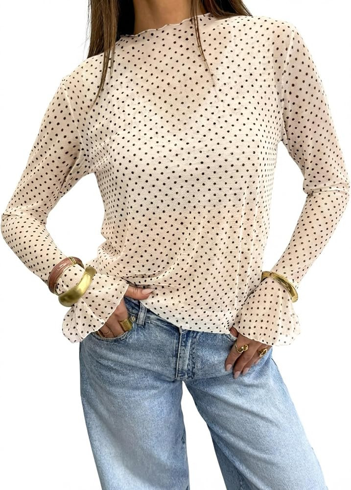 Tankaneo Womens Polka Dot Mesh Tops Going Out Long Bell Sleeve T Shirts | Amazon (US)