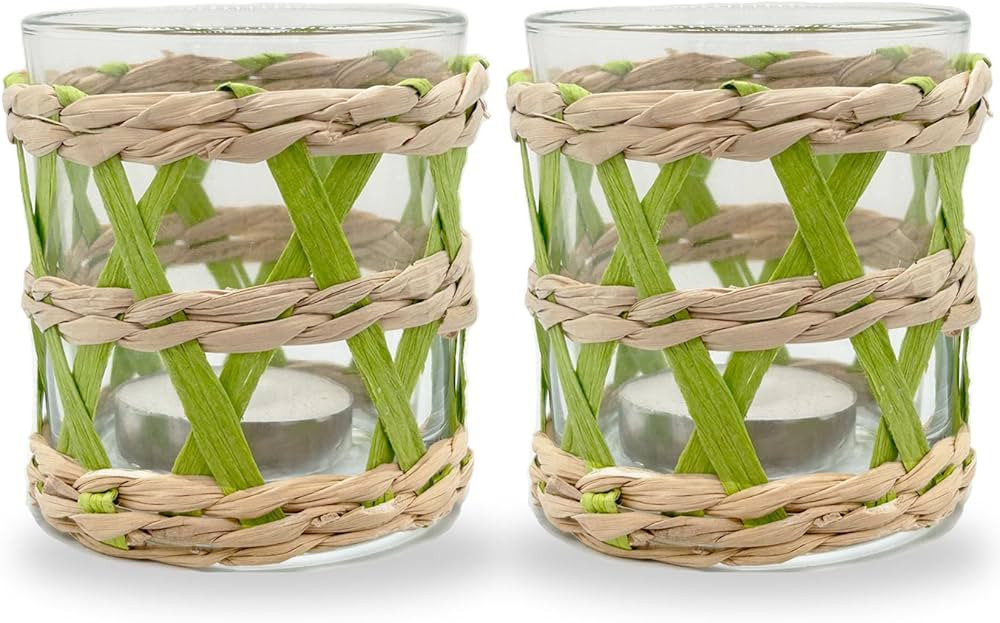 Rattan Woven Tea Light Candle Holder, Pack 2 Seagrass Hand Woven Green & Brown Votive Tealight Ca... | Amazon (US)