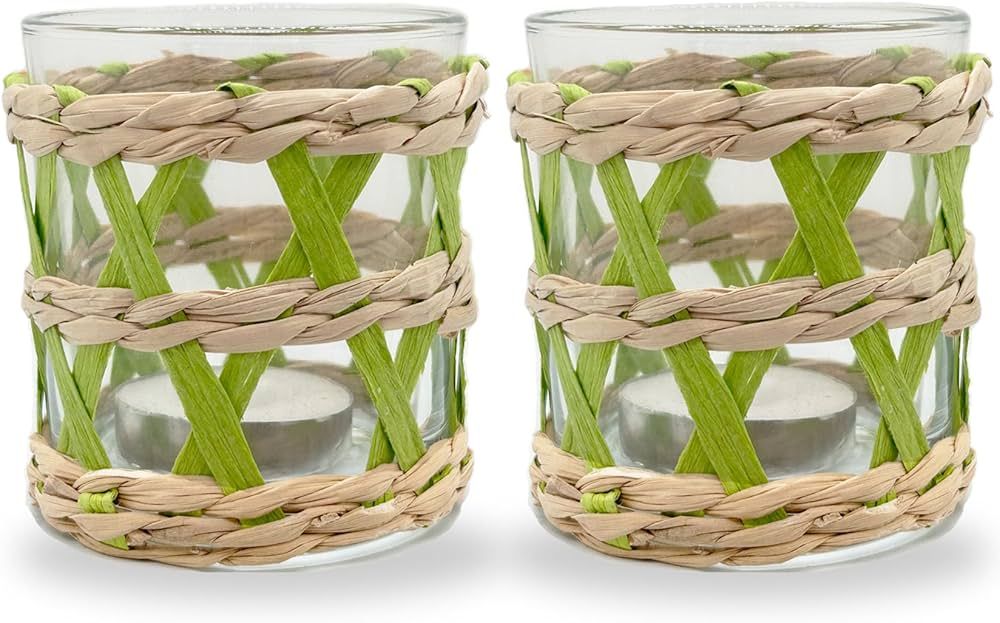 Rattan Woven Tea Light Candle Holder, Pack 2 Seagrass Hand Woven Green & Brown Votive Tealight Ca... | Amazon (US)