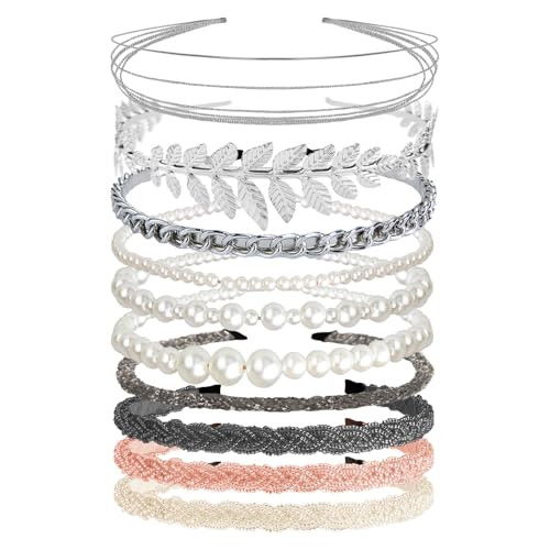 LifeDawn 10Pcs Headbands for Women Girls, Pearl Headbands Beaded Headband Metal Hair Band Rhinestone Head Bands for Women's Hair Chained Hair Hoop No Slip Bridal Wedding Hair Accessories, Silver | Amazon (US)
