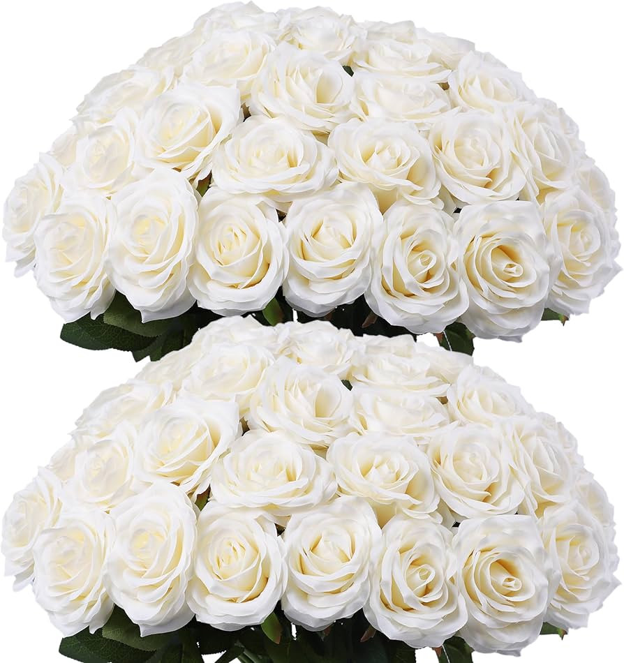 LVEFIT Artificial Rose Flower Ivory Flowers Ivory Roses White Roses Silk Flowers 50 pcs with Long... | Amazon (US)
