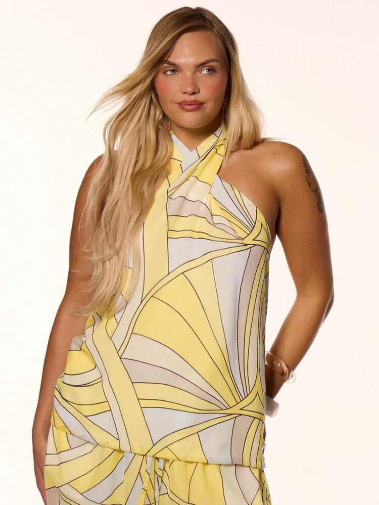 MUSERA Plus Size Mesh Printed High Neck Halterneck Twist Front Sleeveless Top Spring Summer Vacation Holiday Beach Pool Sexy Evening ElegantY2k Cute Limonada | SHEIN